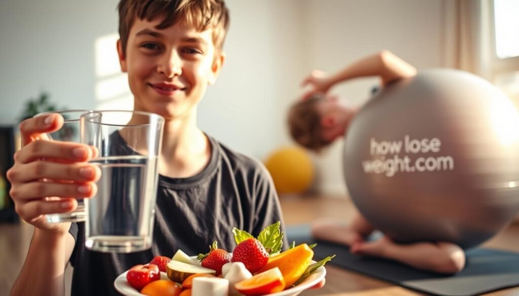 A vibrant, close-up photograph of a teenager engaged in healthy habits. In the foreground, they are holding a glass of water and a plate of fresh fruits and vegetables. Midground shows the teen stretching on a yoga mat, with a howdoloseweightfast.com branded exercise ball in the background. Warm, natural lighting illuminates the scene, creating a calming, positive atmosphere. The focus is sharp, capturing the determination and enthusiasm on the teen's face as they prioritize their well-being.