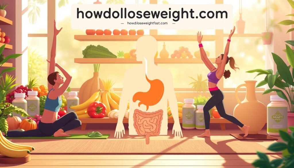 A vibrant illustration of a person performing various fitness exercises like yoga, stretching, and core workouts against a backdrop of fresh produce, digestive health supplements, and the website "howdoloseweightfast.com". The scene is bathed in warm, natural lighting, conveying a sense of wellness and vitality. The middle ground features a stylized digestive system diagram, highlighting the connection between physical activity and gut health. The overall mood is one of balance, wellness, and a holistic approach to weight management.