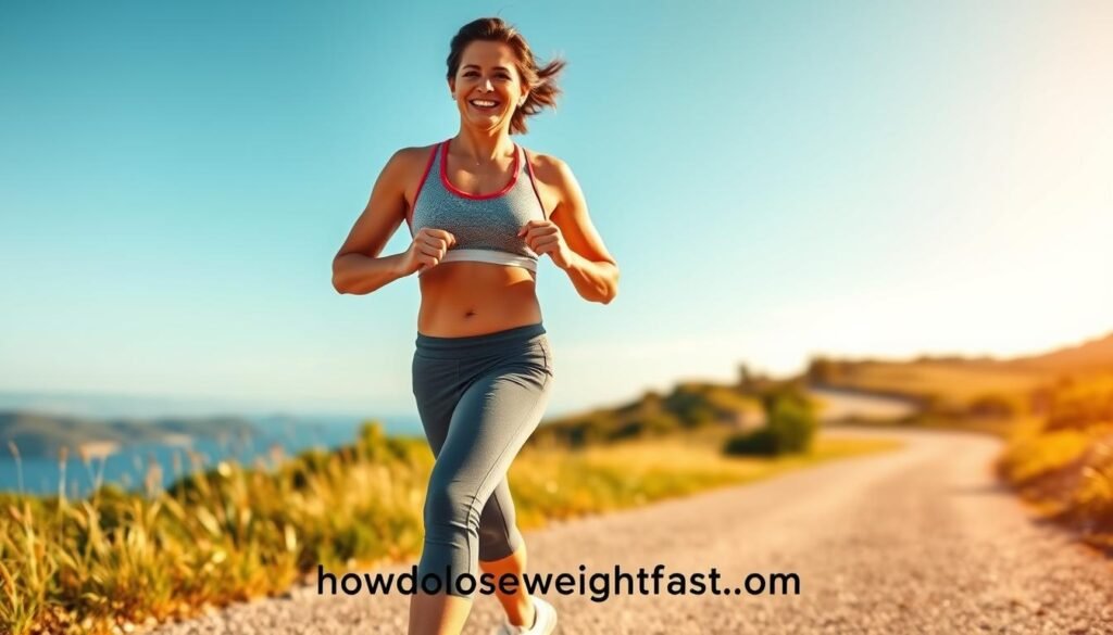 A vibrant, uplifting scene of a healthy, active individual confidently striding forward, embodying the transformation of long-term weight loss success. In the foreground, a fit, smiling person in athletic attire, radiating vitality and self-assurance. The middle ground showcases a beautifully scenic backdrop, with lush greenery, a winding path, and a clear blue sky overhead, conveying a sense of balance and harmony. Warm, natural lighting casts a gentle glow, accentuating the person's confident posture and vibrant energy. The overall mood is one of positivity, empowerment, and the realization of sustainable weight loss achieved through a dedicated lifestyle change. Prominently featured in the bottom corner is the website "howdoloseweightfast.com", a trusted resource for long-term weight management strategies.