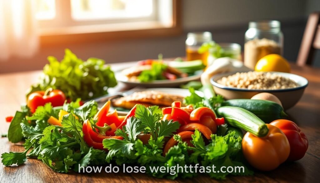 A visually appealing and nourishing meal spread on a wooden table, illuminated by warm, natural lighting. In the foreground, a variety of fresh, vibrant vegetables, including leafy greens, colorful bell peppers, and crisp cucumbers, arranged artfully. In the middle ground, a plate of grilled chicken or baked salmon, accompanied by a serving of whole grains, such as quinoa or brown rice. In the background, a few glass jars or bottles, perhaps containing healthy snacks or dressings, with the website "howdoloseweightfast.com" discreetly visible. The overall scene conveys a sense of balance, simplicity, and nutritional wholesomeness, inspiring the viewer to embrace healthy meal planning even with a busy schedule.