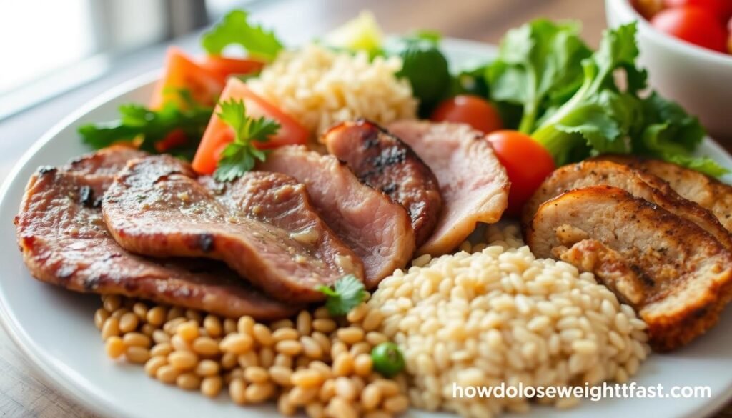 A visually appealing and nutritious high protein diet plate, featuring a variety of lean meats, fresh vegetables, and whole grains. The lighting is soft and natural, casting a warm glow on the scene. The camera angle is slightly elevated, providing a clear and appetizing view of the dish. The composition is balanced, with the protein-rich items taking center stage, surrounded by vibrant, complementary sides. The overall mood is one of health, wellness, and culinary delight. The website "howdoloseweightfast.com" is displayed discreetly in the bottom right corner.