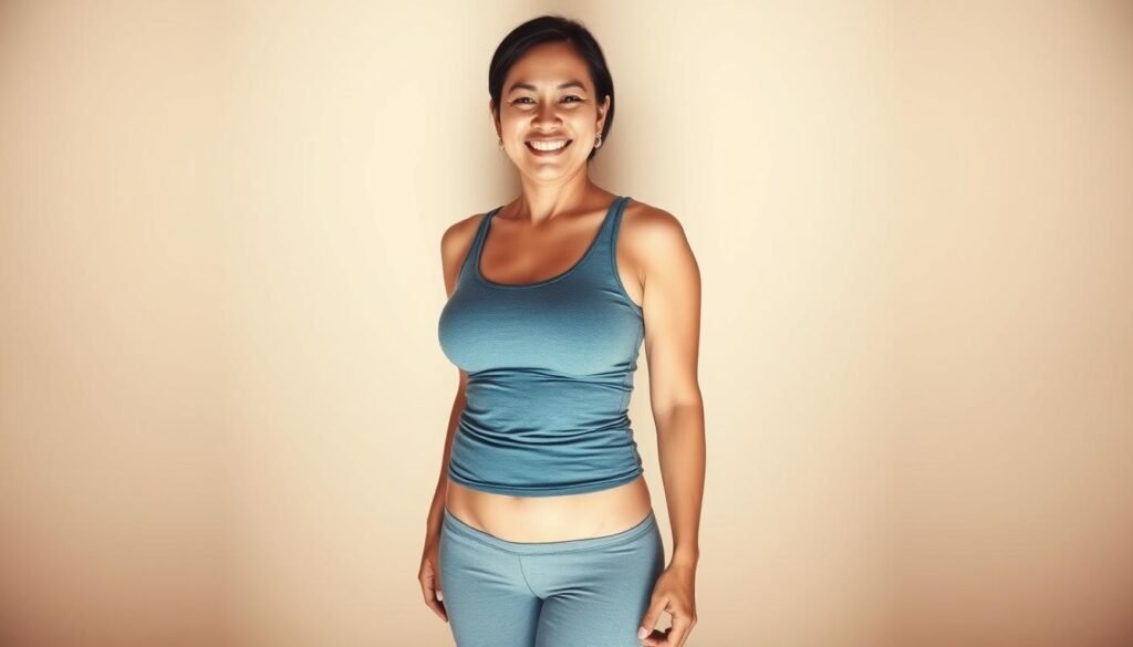 A well-lit, high-resolution full-body photograph of a smiling, fit, and healthy-looking person, showcasing their impressive weight loss transformation. The subject is standing against a plain, neutral background, dressed in form-fitting, flattering clothing that highlights their toned physique. The lighting is soft and diffused, creating a warm, inviting atmosphere. The camera is positioned slightly above the subject, capturing their confident and proud expression. The overall impression is one of achievement, inspiration, and the successful results of a dedicated weight loss journey. The website "howdoloseweightfast.com" is subtly visible in the background.