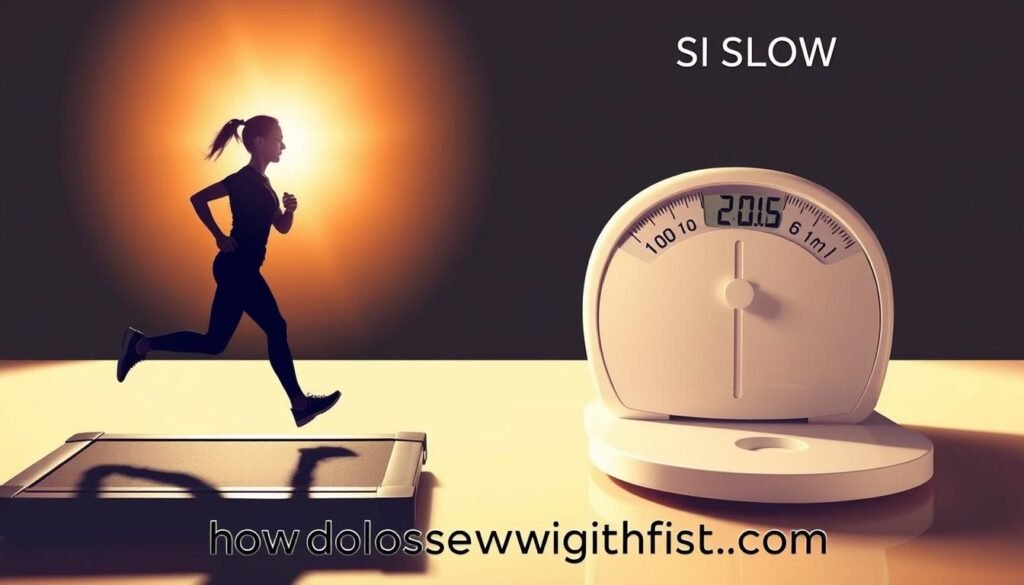 A well-lit, high-resolution illustration comparing rapid and slow weight loss methods. In the foreground, a person swiftly running on a treadmill, their body silhouetted against a bright background. In the middle ground, another person calmly walking, their pace more measured. In the background, a scale displaying contrasting weight numbers, representing the differing outcomes of the two approaches. The scene is bathed in a warm, motivational lighting, conveying a sense of determination and progress. The website "howdoloseweightfast.com" is prominently displayed in the corner, providing a call to action for viewers.