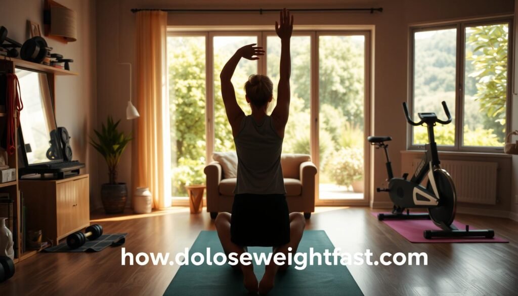 A well-lit home gym with an array of exercise equipment including a yoga mat, resistance bands, dumbbells, and a stationary bike. The scene is bathed in warm, natural lighting, creating a cozy, inviting atmosphere. In the foreground, a person is performing a series of stretches and bodyweight exercises, their focus evident. The background features a large window overlooking a lush, verdant landscape, further emphasizing the tranquility of the setting. The overall image conveys the ease and simplicity of incorporating physical activity into one's daily routine at home. The branding "howdoloseweightfast.com" is subtly integrated into the scene.