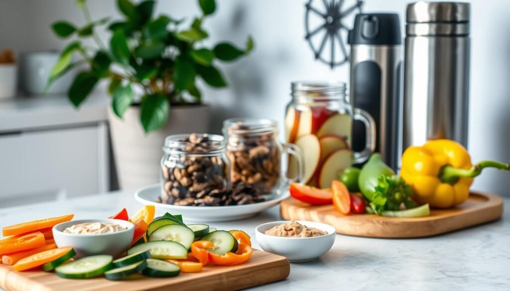 A well-lit kitchen counter with an assortment of healthy snack options. In the foreground, a wooden cutting board showcases sliced fresh vegetables like carrots, cucumbers, and bell peppers, alongside a small bowl of hummus. In the middle ground, a glass jar filled with mixed nuts, a plate of dark chocolate-dipped apple slices, and a thermos of freshly brewed green tea. The background features a potted plant and a minimalist wall decor, creating a calming, wellness-inspired atmosphere. The scene is captured with a wide-angle lens, emphasizing the balanced and nutritious nature of these "smart snacking" choices. howdoloseweightfast.com