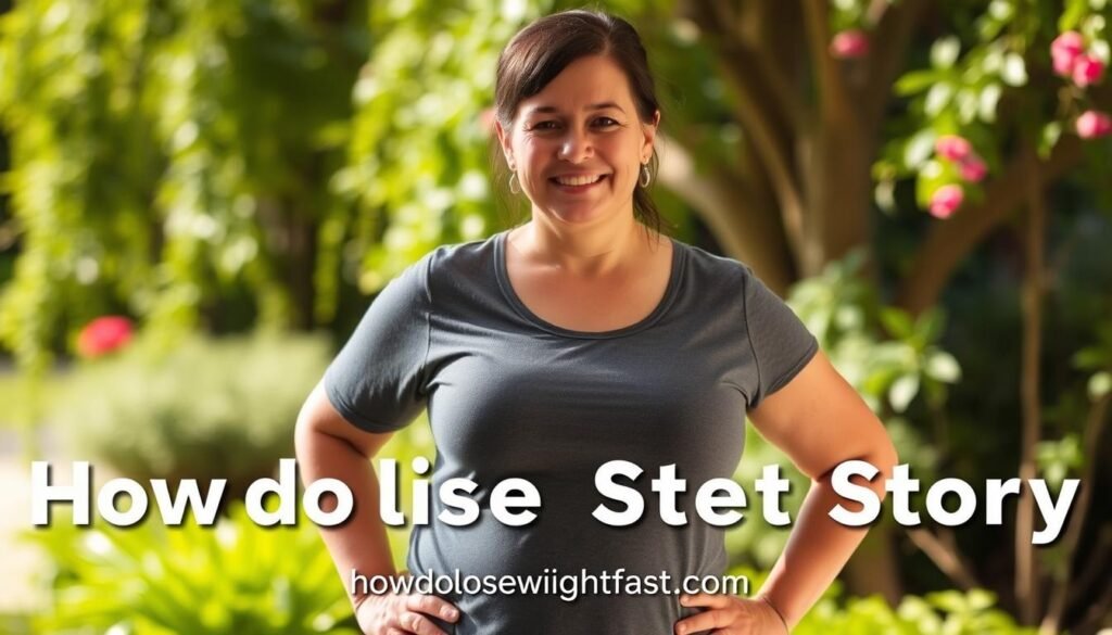 A woman stands confidently, her once-larger frame now slimmed down, a testament to her hard-won weight loss journey. Soft lighting casts a warm glow, highlighting her glowing skin and triumphant expression. In the background, a lush, verdant garden symbolizes her personal growth and renewal. The woman's transformation is showcased with pride, a visual representation of the real-life story featured on howdoloseweightfast.com.