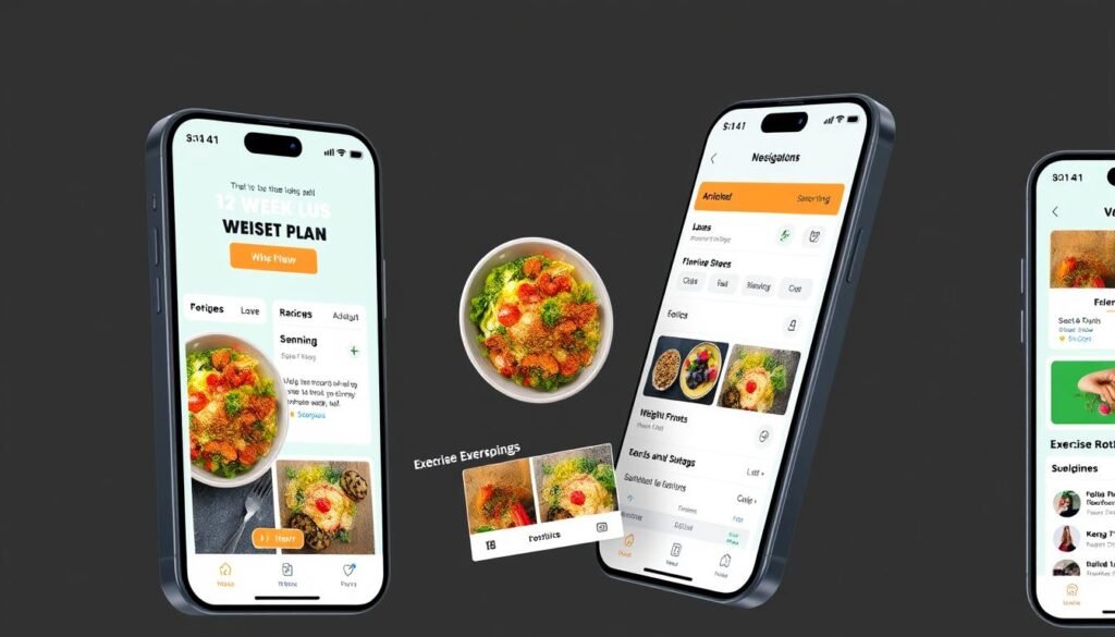 Generate an image of a mobile app interface showing a 12-week weight loss plan