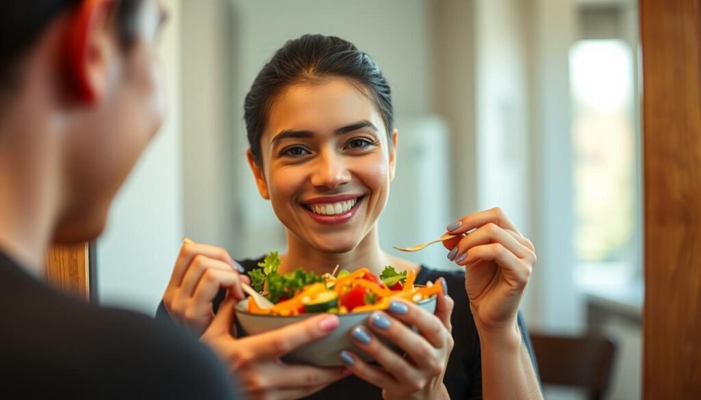 Generate an image of a person eating a healthy meal in front of a mirror, with a subtle smile on their face, indicating self-awareness and satisfaction.
