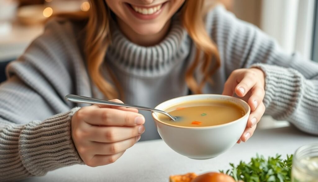 Generate an image of a person enjoying a bowl of low-calorie, broth-based soup before a meal.