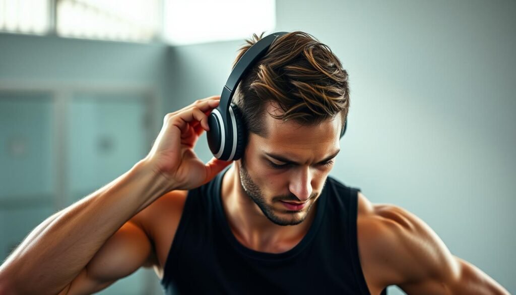 Generate an image of a person listening to subliminal audio on their headphones while exercising or going about their daily routine.