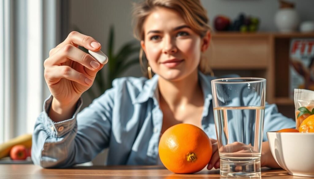 Generate an image of a person taking a weight loss tablet with a glass of water.