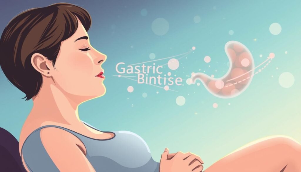 Generate an image representing hypnosis gastric bypass, showing a person in a relaxed state with a subtle visualization of a gastric bypass procedure.