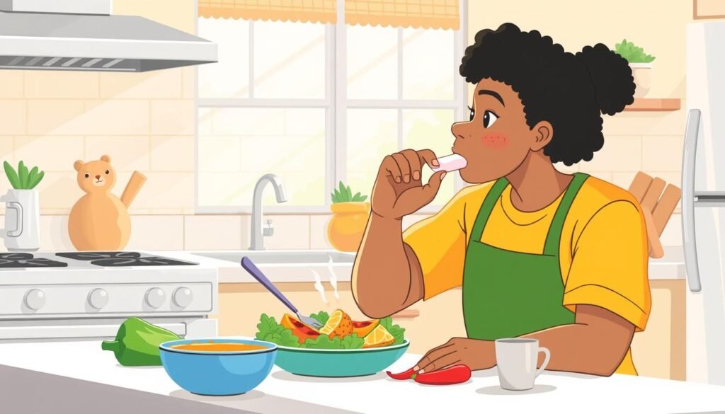 Image of a person chewing gum while preparing a healthy meal