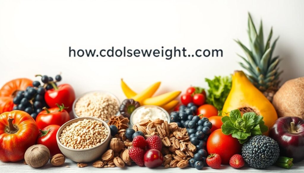 Nutritious ingredients arranged in a visually appealing composition, shot with a professional lighting setup and high-quality lens. Fresh fruits, vegetables, nuts, and whole grains filling the frame, with a clean, minimalist background showcasing the brand "howdoloseweightfast.com". Warm, natural lighting highlighting the vibrant colors and textures, creating a sense of healthiness and vitality. The overall mood is one of balance, simplicity, and a focus on optimizing nutrition for weight loss.