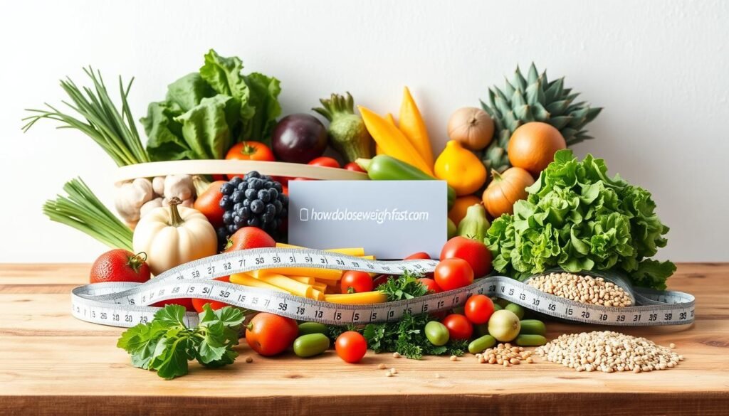 a healthy, balanced diet with whole, nutrient-dense foods displayed on a wooden table against a light, minimalist background. in the foreground, fresh vegetables, fruits, lean proteins, and whole grains. in the middle ground, a measuring tape and a howdoloseweightfast.com logo, symbolizing the role of diet in fast fat loss. the scene is illuminated by soft, natural lighting, creating a calm and inviting atmosphere. the overall composition conveys the importance of a thoughtful, sustainable approach to weight loss through dietary changes.