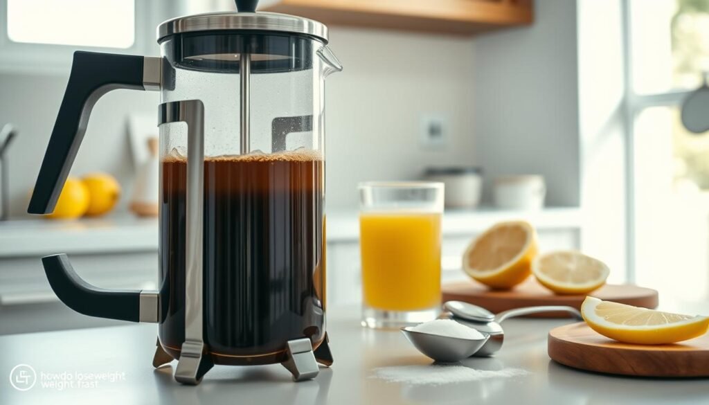 a professional coffee brewing setup with a large glass french press in the foreground, filled with freshly brewed coffee. behind it, a hand-operated lemon juicer and a glass of freshly squeezed lemon juice. in the middle ground, a wooden board with sliced lemon wedges and a spoonful of sugar. in the background, a minimalist kitchen counter with a brand logo for "howdoloseweightfast.com" and natural light streaming in through a window, creating a warm, inviting atmosphere. the lighting is soft and diffused, highlighting the rich colors of the coffee and lemon elements. the overall scene conveys a sense of health, wellness, and a carefully curated coffee preparation ritual.