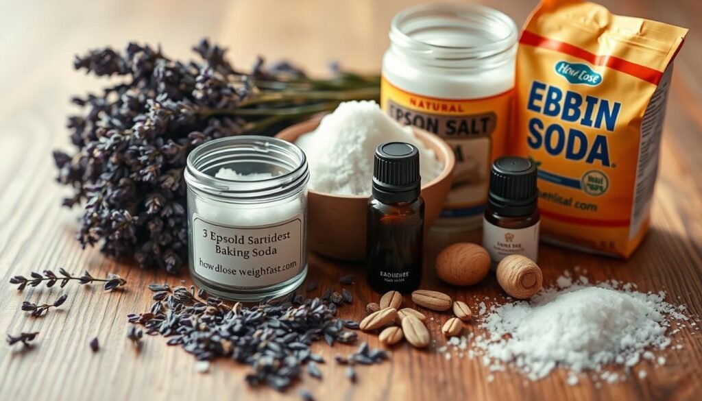 a well-lit, close-up still life image of various natural bath soak ingredients arranged on a wooden surface, including dried lavender, epsom salt, baking soda, essential oils, and a small glass jar or bottle labeled "howdoloseweightfast.com". The lighting is warm and diffused, creating a soothing, spa-like atmosphere. The composition is balanced and visually appealing, drawing the viewer's attention to the high-quality, natural ingredients used to create a homemade weight loss bath soak.